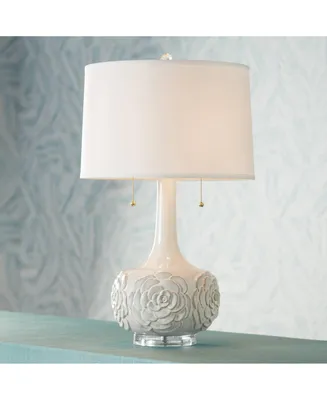 Natalia Modern Country Cottage Table Lamp 27" Tall White Ceramic Glaze Textured Floral Bloom Drum Shade for Bedroom Living Room House Home Bedside Nig