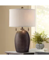 Byron Rustic Farmhouse Industrial Table Lamp 27.5" Tall Hammered Textured Bronze White Fabric Drum Shade Decor for Living Room Bedroom House Bedside N