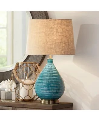 Kayley Mid Century Modern Coastal Table Lamp Textured Ceramic 24" High Sky Blue Glaze Linen Fabric Tapered Drum Shade for Living Room Bedroom House Be