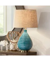 Kayley Mid Century Modern Coastal Table Lamp Textured Ceramic 24" High Sky Blue Glaze Linen Fabric Tapered Drum Shade for Living Room Bedroom House Be