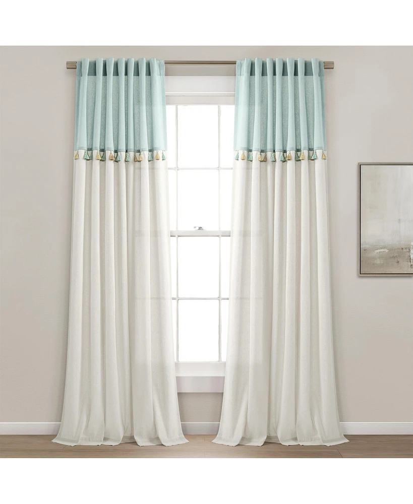 Boho Faux Linen Tassel Color Block Window Curtain Panel