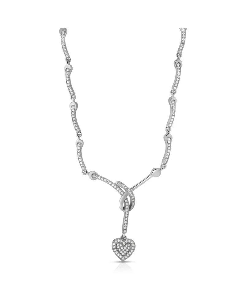 Sterling Silver White Gold Plated Cubic Zirconia Micro Pave Heart Shape Drop Necklace