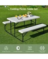 Indoor and Outdoor Folding Picnic Table Bench Set with Wood-like Texture