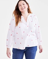 Style & Co Plus Size Cotton Printed Long-Sleeve Top, Created for Macy's