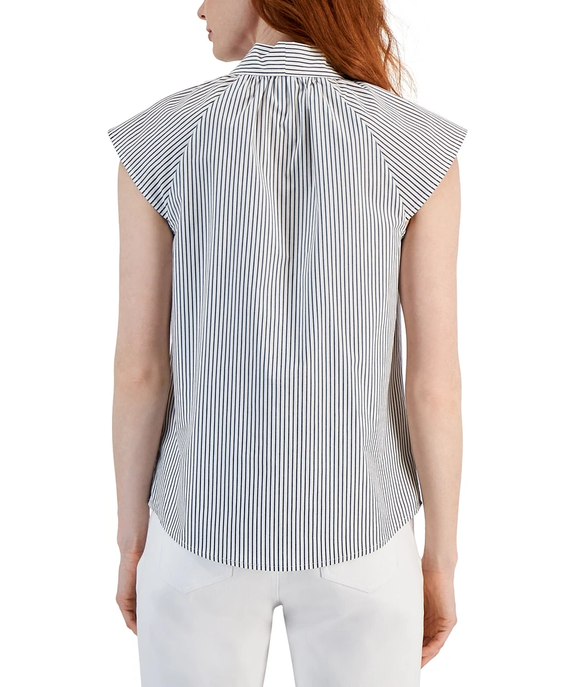 Jones New York Women's Cotton Striped Bow-Neck Short-Sleeve Blouse