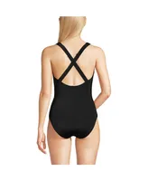 Lands' End Women's Long Chlorine Resistant Scoop Neck X-Back High Leg Soft Cup Tugless Sporty One Piece Swimsuit