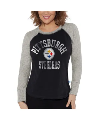 Women's G-iii 4Her by Carl Banks Black, Heather Gray Distressed Pittsburgh Steelers Waffle Knit Raglan Long Sleeve T-shirt