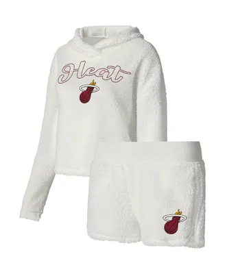 Women's College Concepts Cream Miami Heat Fluffy Long Sleeve Hoodie T-shirt Shorts Sleep Set