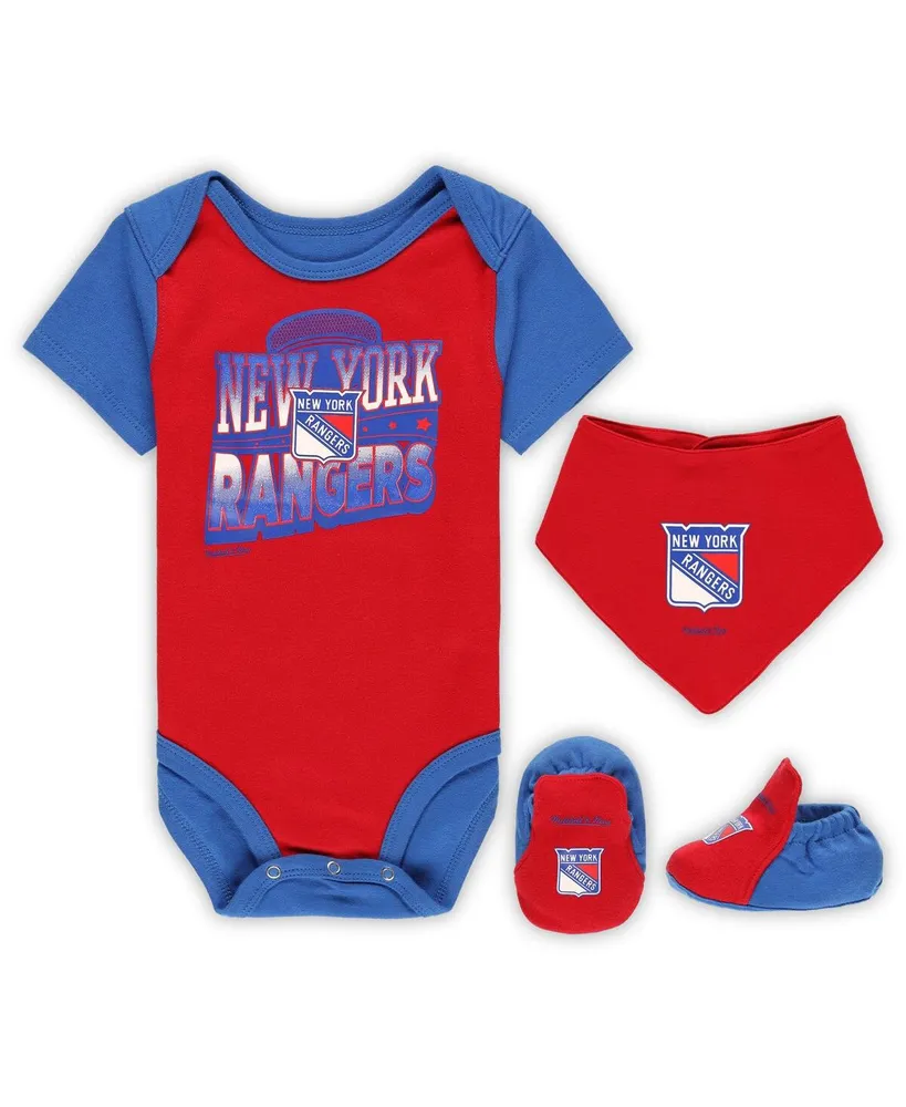 Baby Boys and Girls Mitchell & Ness Red, Blue New York Rangers Big Score 3-Pack Bodysuit, Bib and Bootie Set