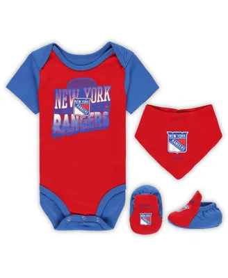 Baby Boys and Girls Mitchell & Ness Red, Blue New York Rangers Big Score 3-Pack Bodysuit, Bib and Bootie Set