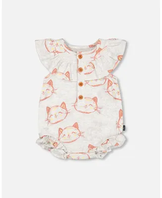 Baby Girl Organic Cotton Romper Heather Beige With Printed Cat - Infant