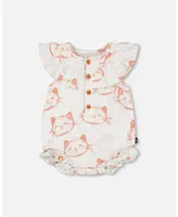 Baby Girl Organic Cotton Romper Heather Beige With Printed Cat - Infant