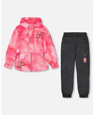 Girl Two Piece Hooded Coat And Pant Mid-Season Set Printed Fuchsia Marble Black - Toddler|Child