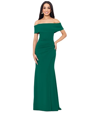 Betsy & Adam Women's Off-The-Shoulder Front-Slit Gown