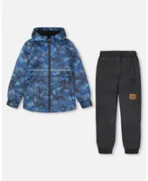 Boy Two Piece Hooded Coat And Pant Mid-Season Set Blue Printed Bike Black - Toddler|Child