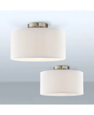Adams Modern Close To Ceiling Light Semi Flush Mount Fixtures Set of 2 Brushed Nickel Silver White Fabric Drum Shade for Bedroom Hallway Living Room D