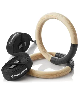 Philosophy Gym Wood Gymnastic Rings 1" - Exercise Ring Set Grip with Adjustable Straps, Grip Tape for Pull Ups, Dips, Muscle Ups