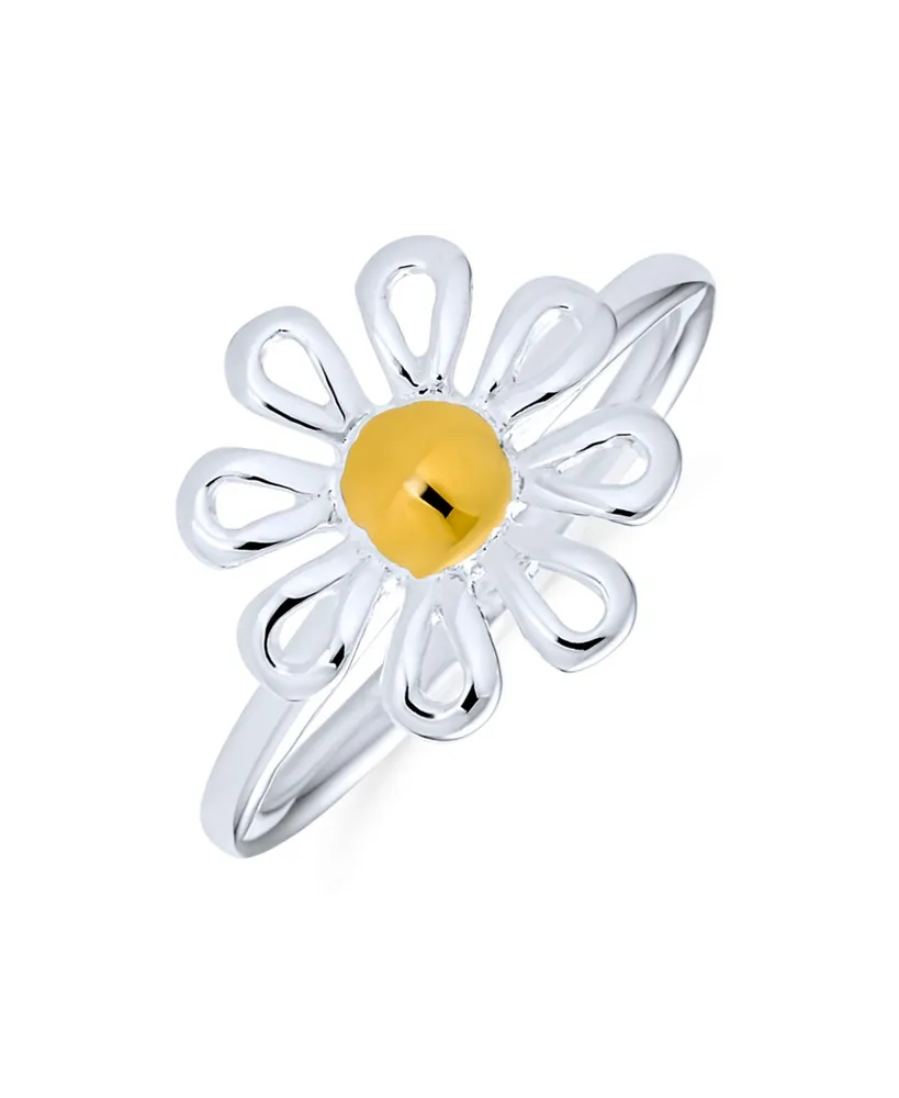 Delicate Tiny Two Tone Flower Daisy Ring For Teen Women Thin 1MM Band 14K Gold Plated .925 Sterling Silver - Multi