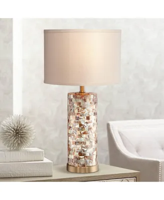 Margaret Coastal Accent Table Lamp 23" High Mother of Pearl Tile Cylinder Glass Cream Linen Fabric Drum Shade for Living Room Bedroom Beach House Beds