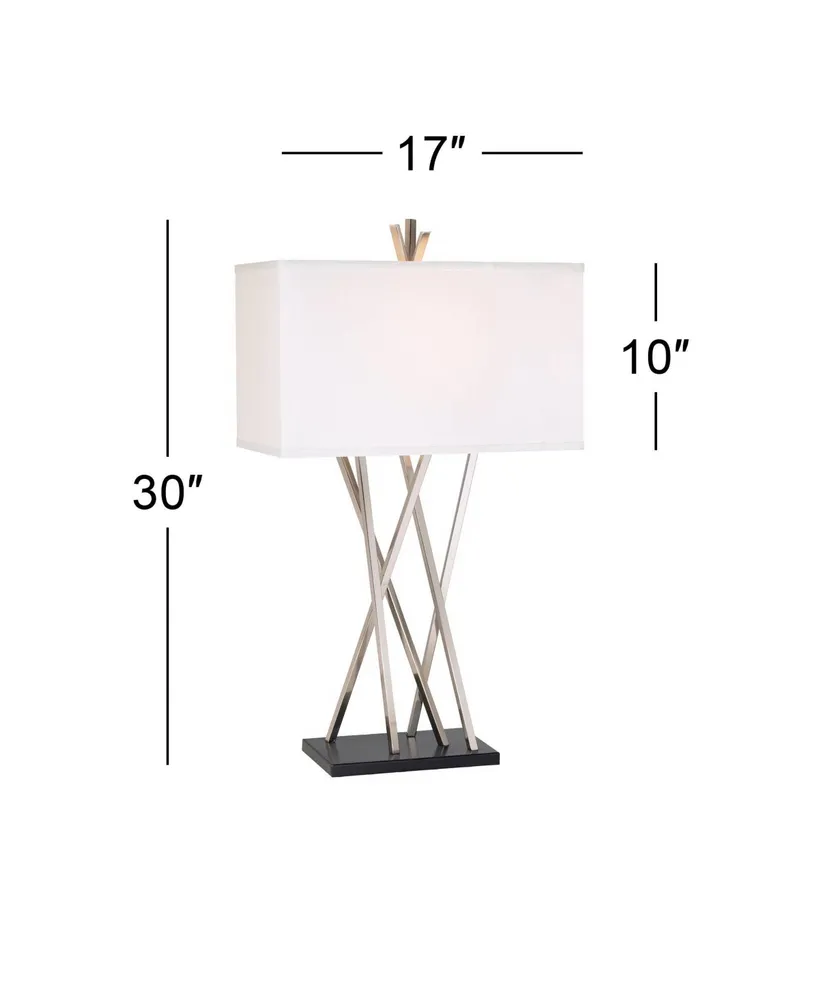 Modern Table Lamp 30" Tall Brushed Nickel Silver Open Asymmetry Metal White Linen Rectangular Box Shade for Bedroom Living Room House Home Bedside Nig