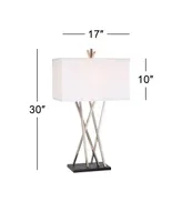 Modern Table Lamp 30" Tall Brushed Nickel Silver Open Asymmetry Metal White Linen Rectangular Box Shade for Bedroom Living Room House Home Bedside Nig
