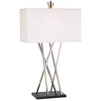 Modern Table Lamp 30" Tall Brushed Nickel Silver Open Asymmetry Metal White Linen Rectangular Box Shade for Bedroom Living Room House Home Bedside Nig