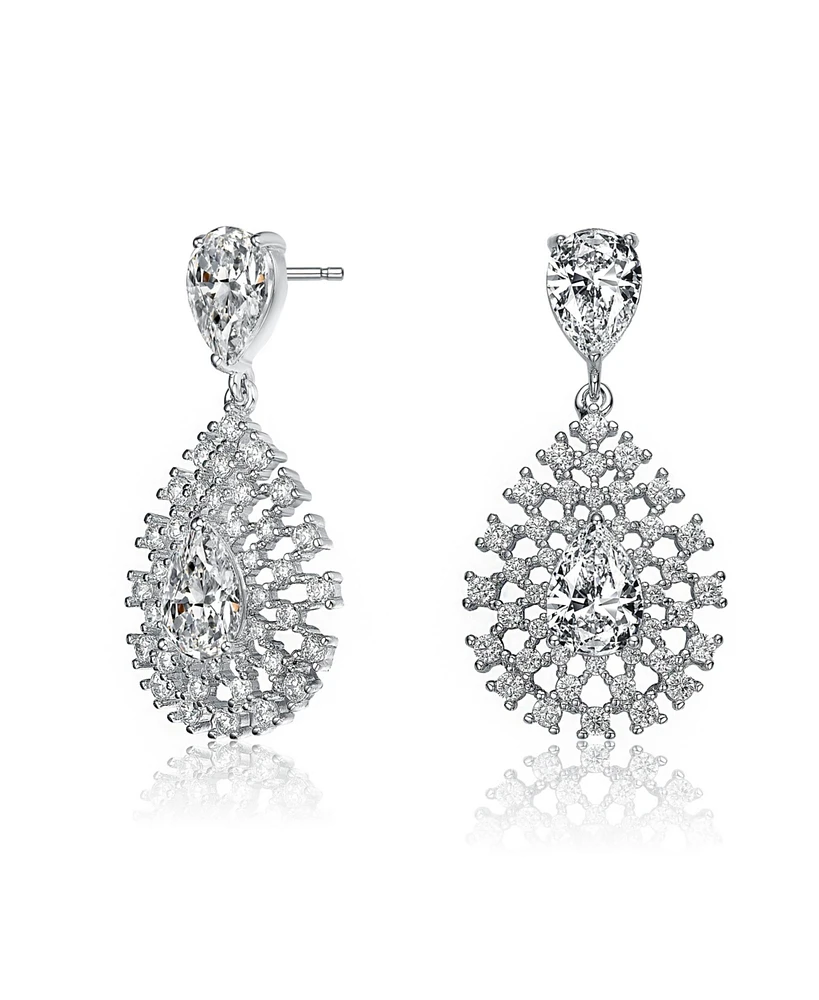 Sterling Silver with White Gold Plated Clear Pear with Round Cubic Zirconia Lace Cluster Drop Earrings