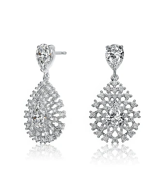Sterling Silver with White Gold Plated Clear Pear with Round Cubic Zirconia Lace Cluster Drop Earrings