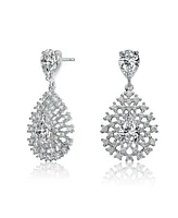 Sterling Silver with White Gold Plated Clear Pear with Round Cubic Zirconia Lace Cluster Drop Earrings