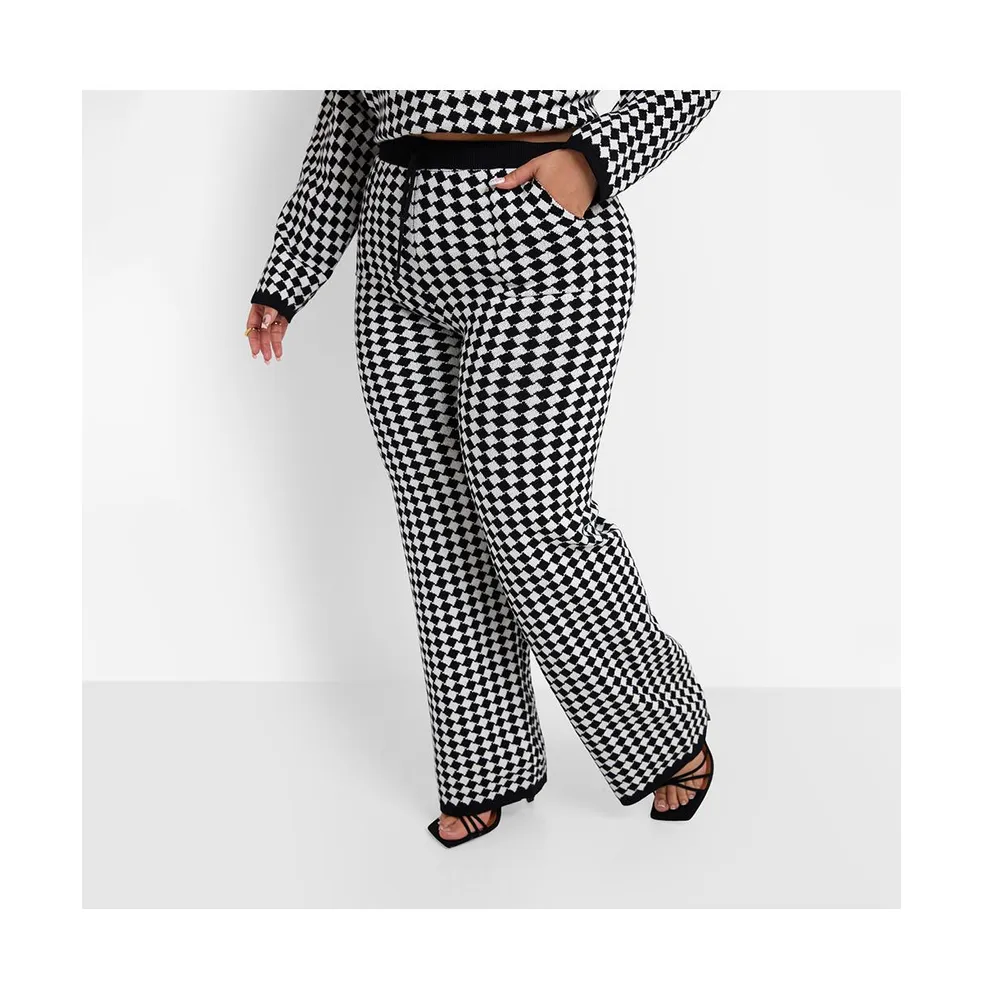 Rebdolls Women's Plus Size Octavia Checkered Knit Wide Leg Pants With  Pockets