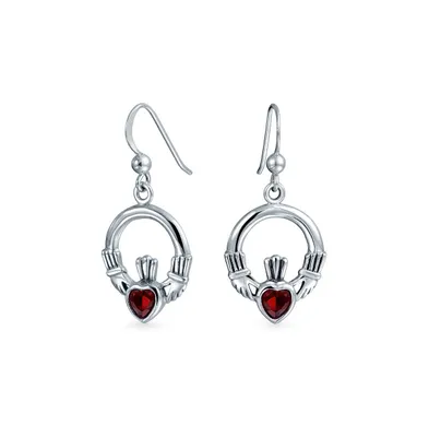 Bling Jewelry Friendship Bff Red Cz Heart Circle Irish Love Symbol Celtic Claddagh Dangle Earrings Oxidized Sterling Silver Fish Hook