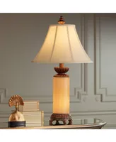 Traditional Table Lamp with Night Light 28.5" Tall Dark Bronze Cream Onyx Stone Column Off White Bell Shade Decor for Living Room Bedroom House Bedsid