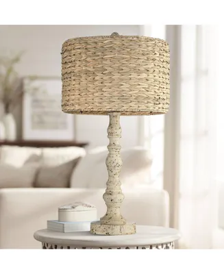 Jackson Country Cottage Coastal Table Lamp 27.5" Tall Rustic Distressed Antique White Candlestick Rattan Drum Shade for Living Room Bedroom House Beds