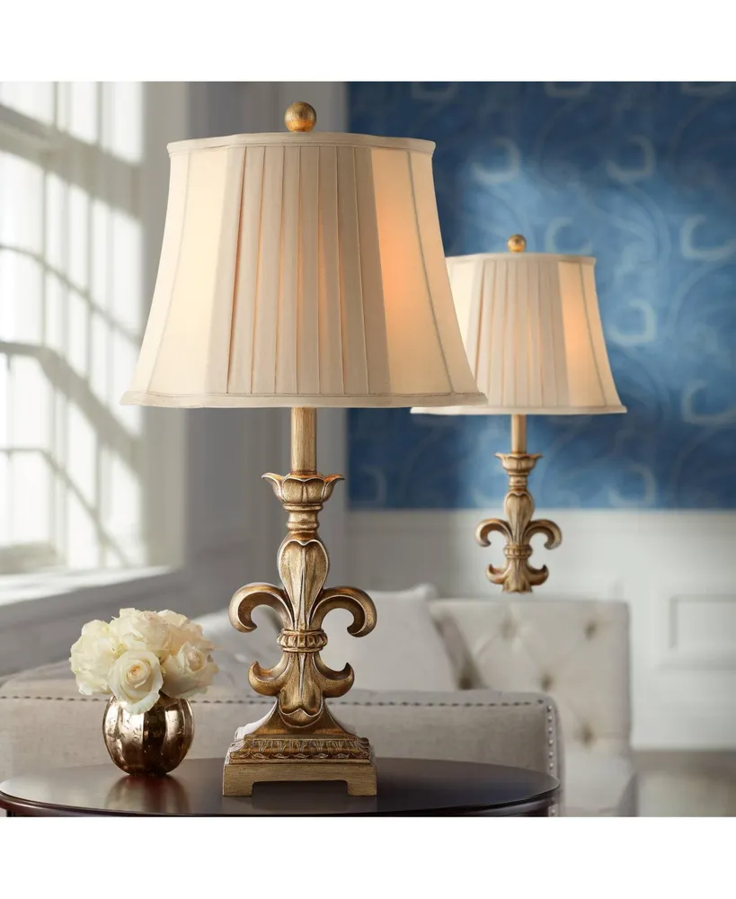 Louis Traditional French Fleur-de-Lis Table Lamps 25.75" High Set of 2 Antique Gold Ivory White Pleated Bell Shade Decor for Living Room Bedroom House