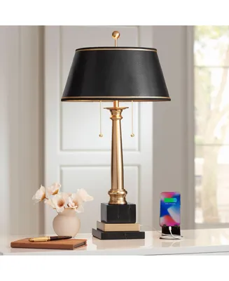 Georgetown Traditional Desk Table Lamp 28 1/2" Tall with Usb Charging Port Warm Brass Steel Black Gold Trim Drum Shade for Living Room Bedroom Nightst