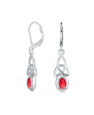 Irish Love Knot Oval Bezel Set Simulated Red Ruby Dangle Celtic Knot Earrings For Women Teens .925 Sterling Silver Lever Back