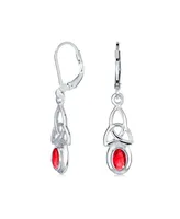 Irish Love Knot Oval Bezel Set Simulated Red Ruby Dangle Celtic Knot Earrings For Women Teens .925 Sterling Silver Lever Back