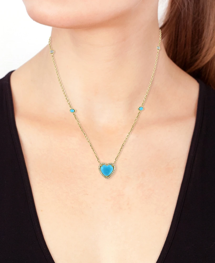 Effy Turquoise & Diamond (1/6 ct. t.w.) Heart Halo Pendant Necklace in 14k Gold, 16" + 2" extender