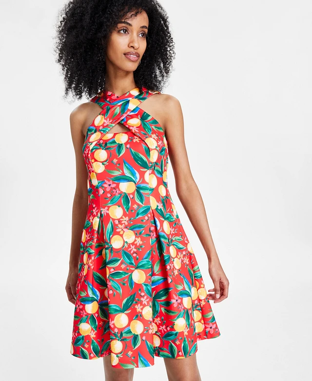vince camuto printed halter fit & flare dress Zone Planet | Backless Round Neck Long Sleeve Sweater Dress