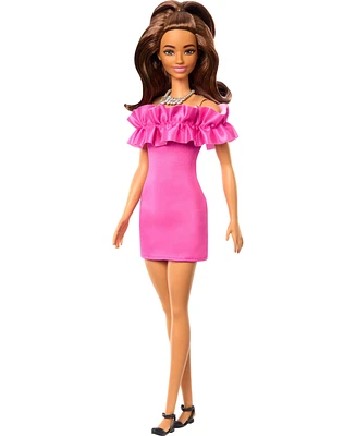 Barbie Fashionistas Doll 217 with Brown Wavy Hair and Pink Dress, 65th Anniversary