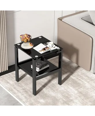 Simplie Fun Black Tempered Glass End Table With 2 Layer, Small Side Table For Living Room