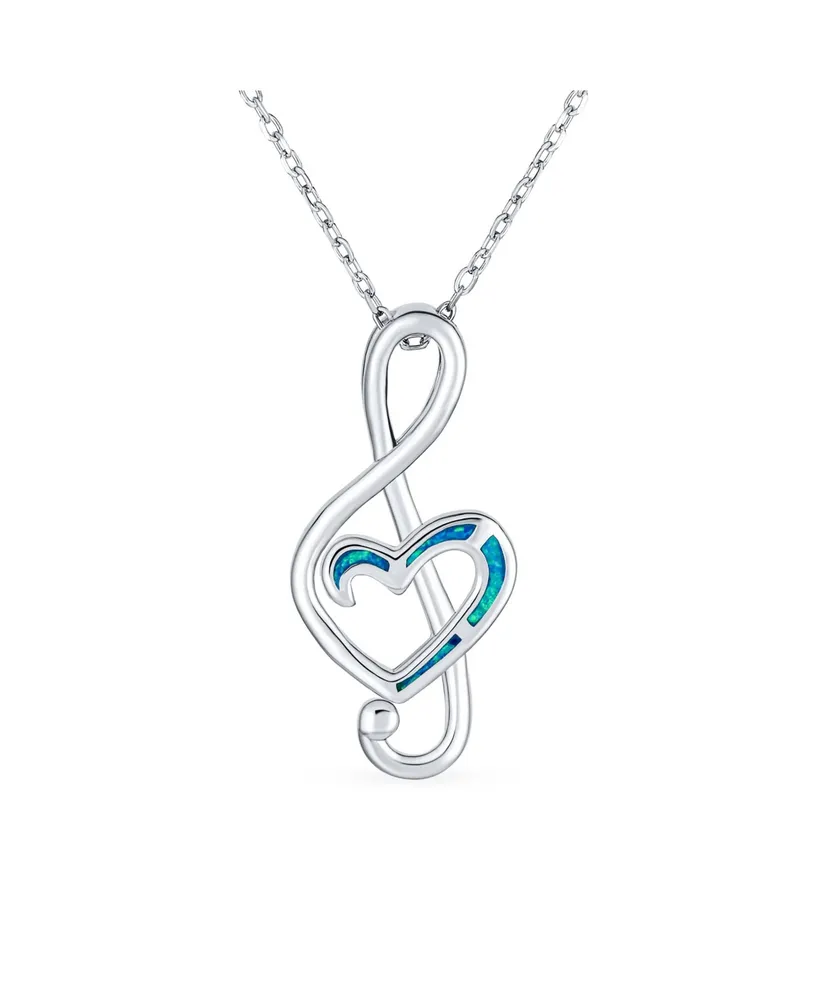 Bling Jewelry Musical Music Student Teacher Synthetic Blue Opal Inlay Heart Treble Clef Note Pendant Necklace For Women Sterling Silver