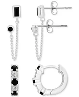 2-Pc. Set Onyx & White Topaz Double Pierced Chain Earrings, & Small Huggie Hoop Earrings in Sterling Silver