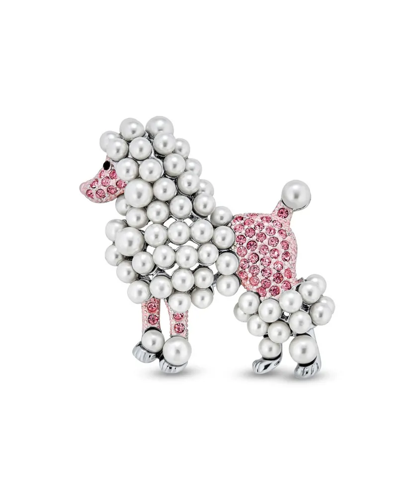 Bling Jewelry Fashion Statement Crystal White Simulated Pearl Pink Dog Poodle Brooch Pin For Women For Rhodium Plated