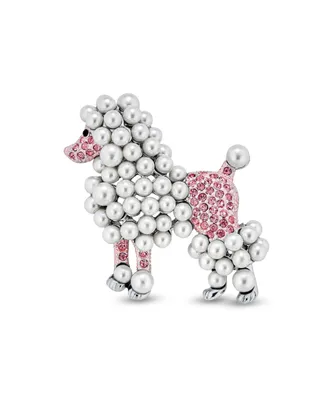 Fashion Statement Crystal White Simulated Pearl Pink Dog Poodle Brooch Pin For Women For Teen Rhodium Plated