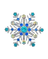 Large Multi Ice Blue Frozen Winter Snowflake Brooch Pin For Women Crystal Holiday Party Frozen Winter Rhodium Plated Alloy