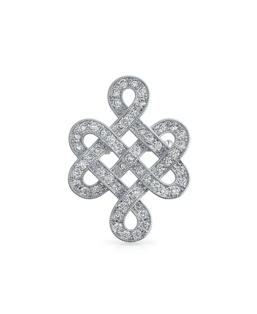 Bling Jewelry Eternal Celtic Love Knot Work Cubic Zirconia Pave Cz Brooch Pin For Women Rhodium Plated Brass 1.2 Inch