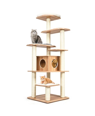 7-Layer Wooden Cat Tree Tall Cat Tower with Sisal Posts and Condo