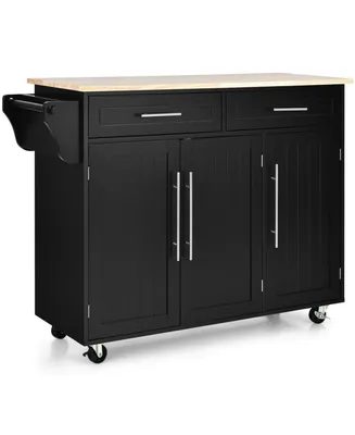 Kitchen Island Trolley Wood Top Rolling Storage Cabinet Cart with Knife Block-Black
