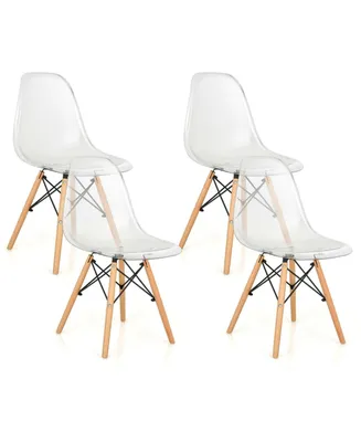 Set of 4 Dining Chairs Modern Plastic Shell Side Chair with Clear Seat and Wood Legs-Transparent